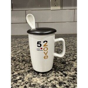 520 Matte White Mug w/ Lid & Spoon All Ceramic 13.5oz Milk Coffee Tea Latte